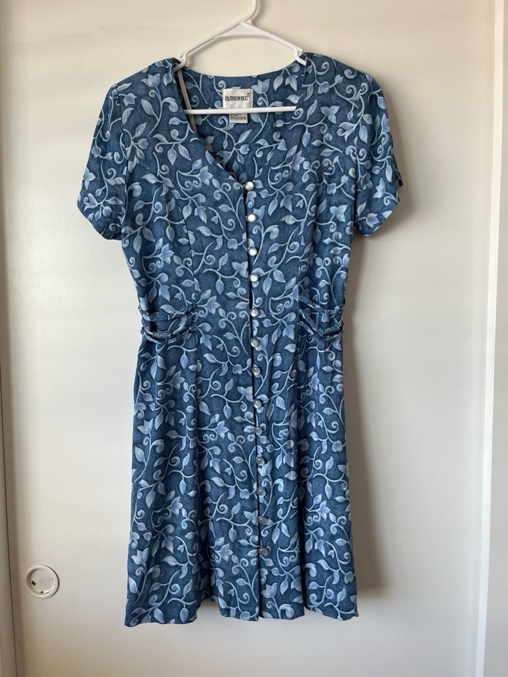 90s Blue Patterned Button-Front Women's Dress